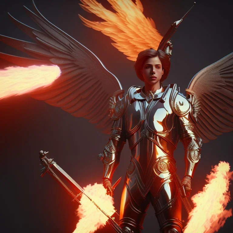 Archangel Michael with sword in flames, unreal 5, octane render, cinema4d, dynamic lighting, soft lighting, 4k, redshift render, highly detailed, hyper realistic