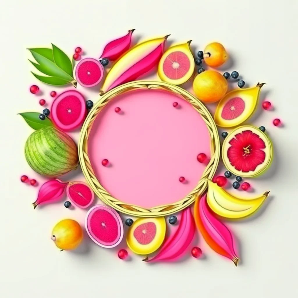 Round picture frame in the colors of dragon fruit on a light background to remove