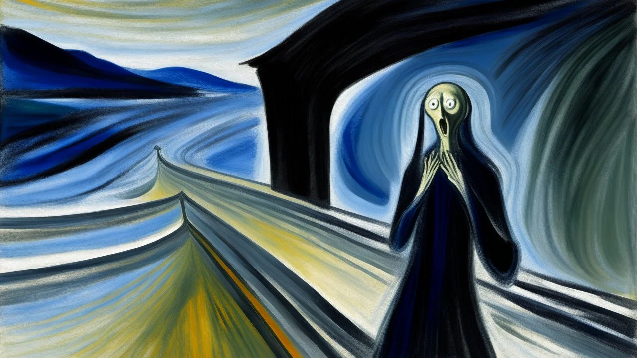 A ghost screaming at a bridge painted by Edvard Munch