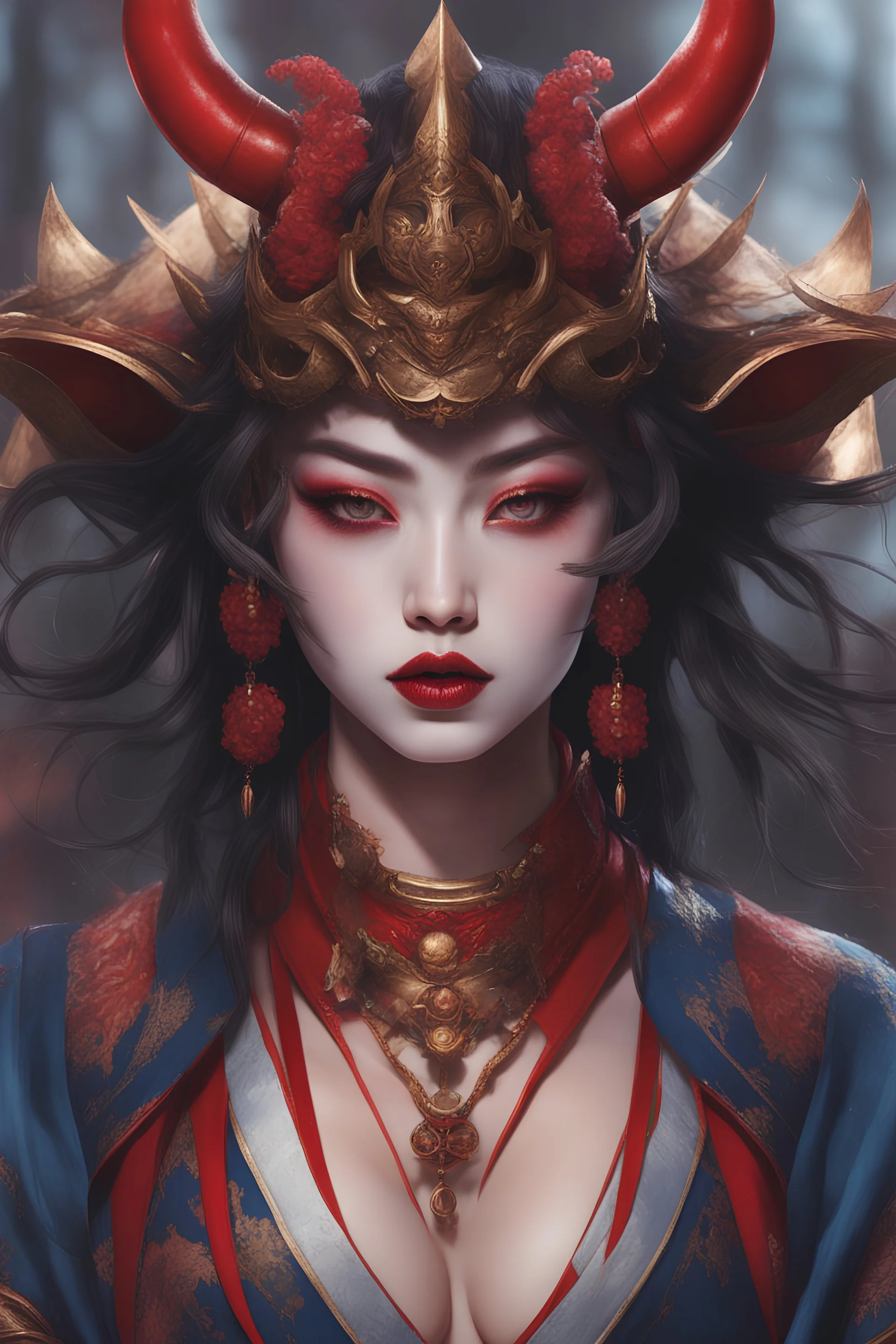 portrait of a young alluring female oni samurai wizard in Japanese priestess armor, demon horns, feudal japan, D&D character, RPG, fantasy character, stylish, 8k, beautiful, perfect lips, red lips, vampire fangs, blue makeup around eyes, red makeup on cheeks, detailed eyes, perfect eyelashes, big chest, houtglass body, pale white skin, seductive expression,casting spell, cherry blossoms in background, legend of the five rings rpg, anime art style, heroic pose, full body picture