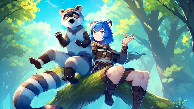 Girl, blue hair, raccoon ears, raccoon tail, raccoon face, forest, sit on tree, raccoon paws on hand, paws on foot, raccoon muzzle