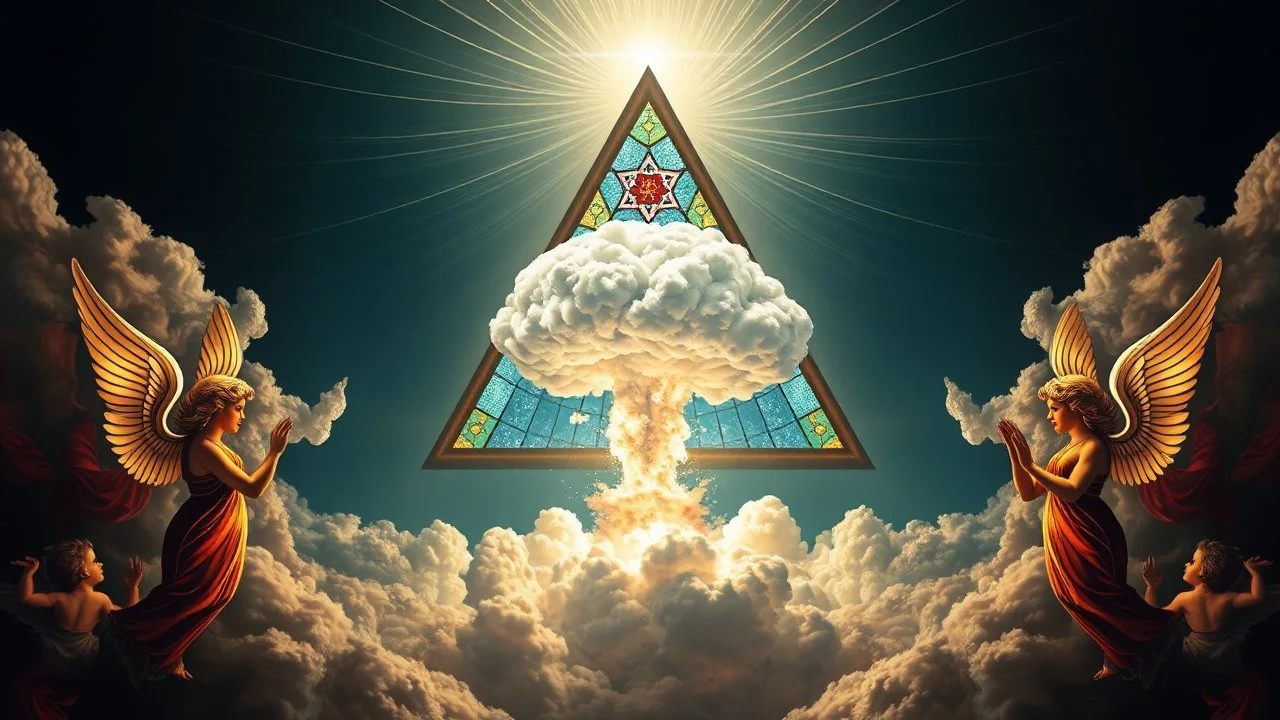 a nuclear explosion cloud(middle) framed from behind by a triangle of stained glass surrounded by radiant lines, the wind and smoke from the explosion forming shapes of dancing women with small angel wings(left and right foreground) like cherubs in the clouds, religiose art