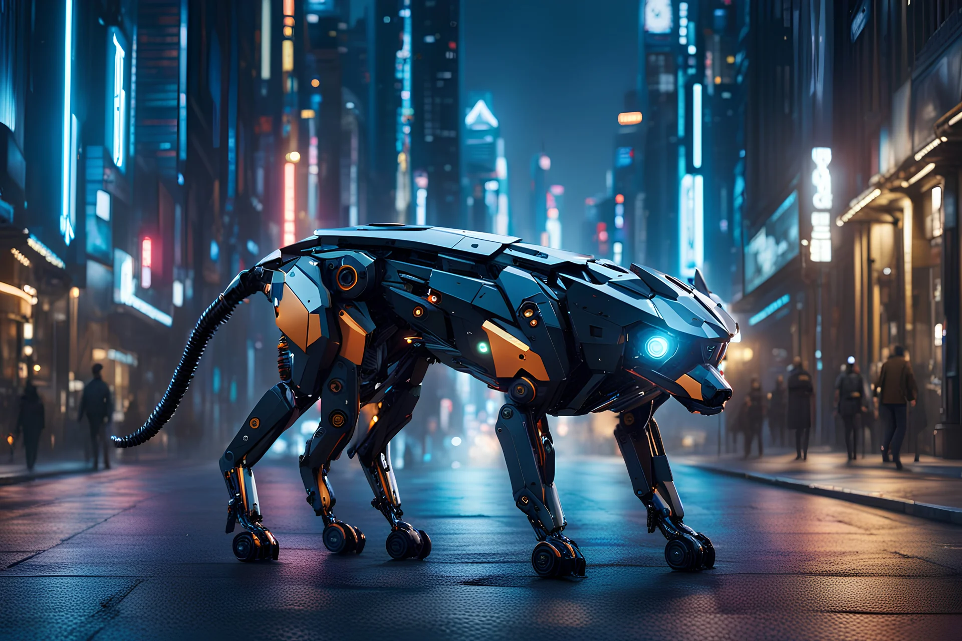 A full-length, experimental, prototype robotic dog walking down a futuristic city street, at night. 8k ultra detail, art styles of Mihailo and Pascal Blanché, sci-fi, futuristic background, Vibrant, eye-catching, intricate details, elaborate, 32k Portrait photography, UHD