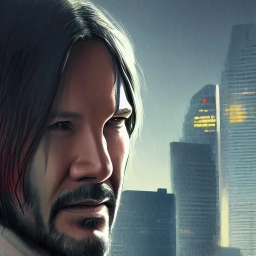 Portrait of john wick, background Singapore's iconic skyline, 8k resolution concept art portrait by Greg Rutkowski, Artgerm, WLOP, Alphonse Mucha dynamic lighting hyperdetailed intricately detailed Splash art trending on Artstation triadic colors Unreal Engine 5 volumetric lighting, mappa studios