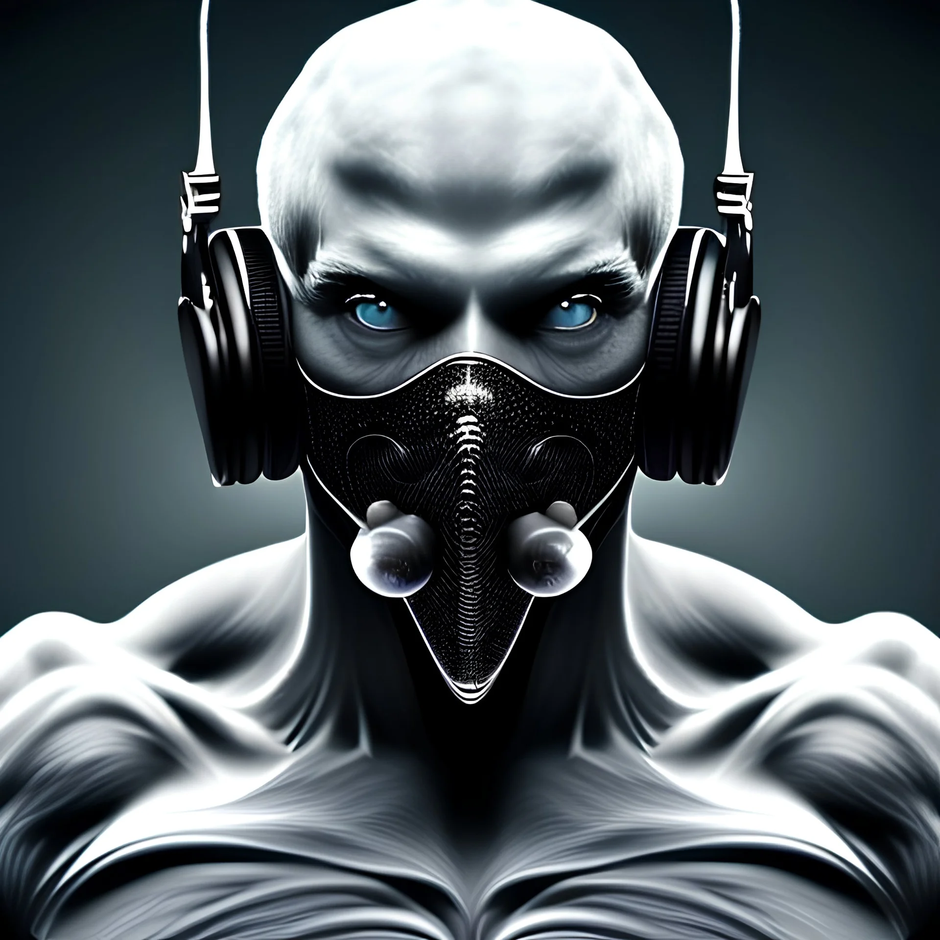 Monster, realistic, muscular, front face, mask face, headphones, gym