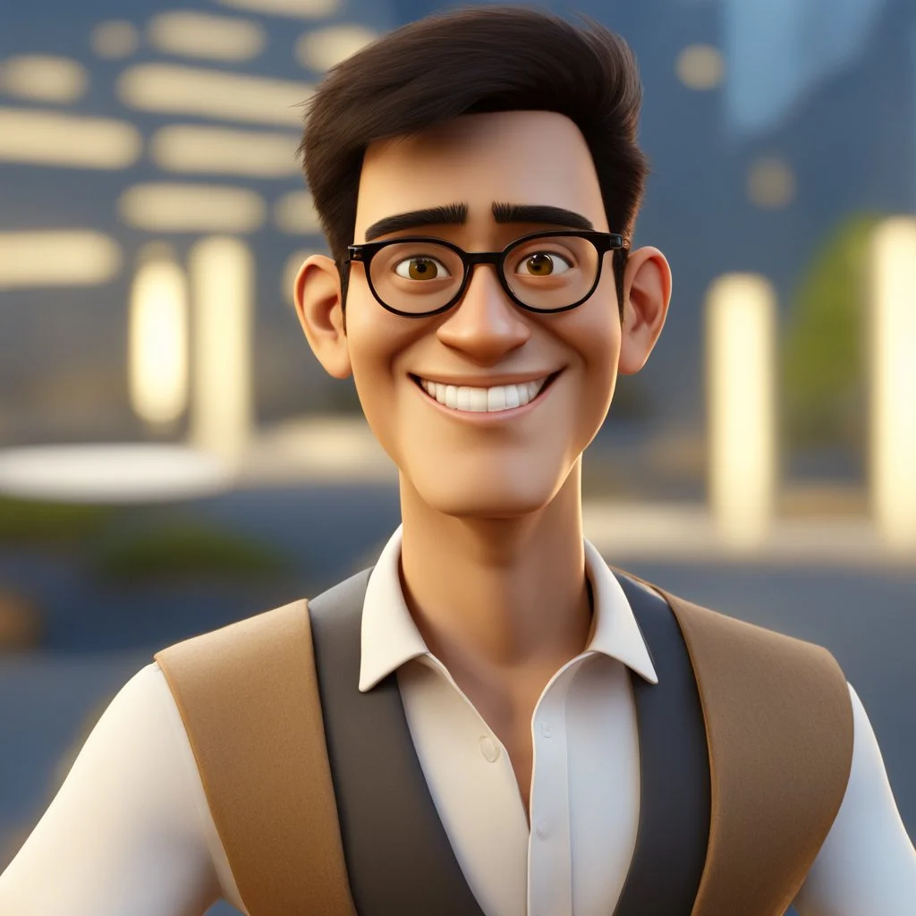 a portrait of smiling man. caricature. black rare hair. fair brown skin. black eye pupils. circle eyeglasses, thin gold frame. reverse oval face shape. white shirt with black vest. pixar style. 3D. 4k. portrait. highly detailed. sharp focus. high resolution. full color. cinema lighting