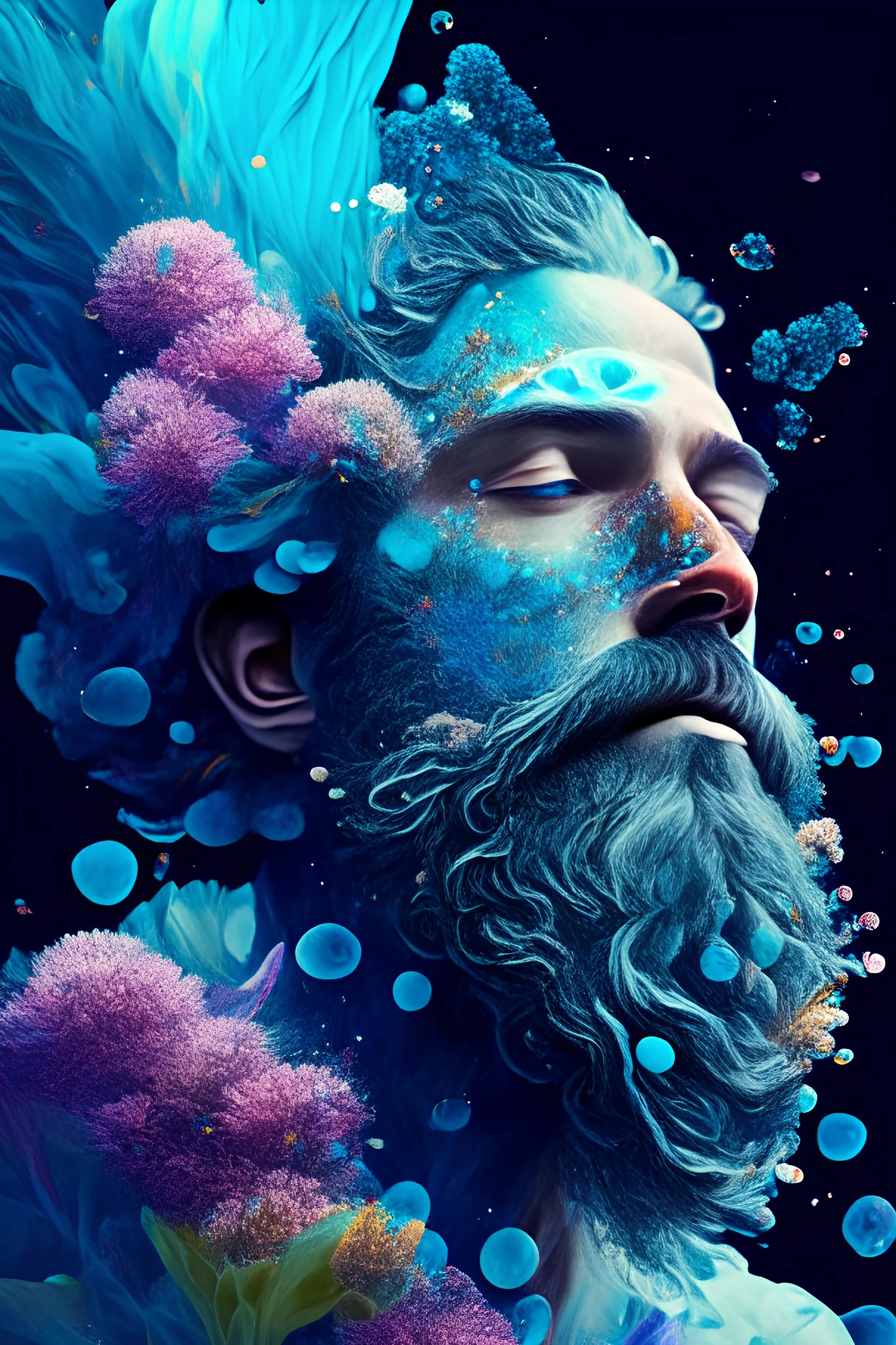 a man with a beard and flowers in his hair, volumetric underwater lighting, promotion artwork, aquarius, by Sam Spratt, inspired by Alberto Seveso, the ayahuasca spirit, featured on artsation, inspired by Théodule Ribot, blue - petals, connectedness, vector images, flourishing nature, an ultrafine detailed painting, inspired by Alberto Seveso, psychedelic art, behance contest winner, exquisite digital illustration, no trespassing canva border