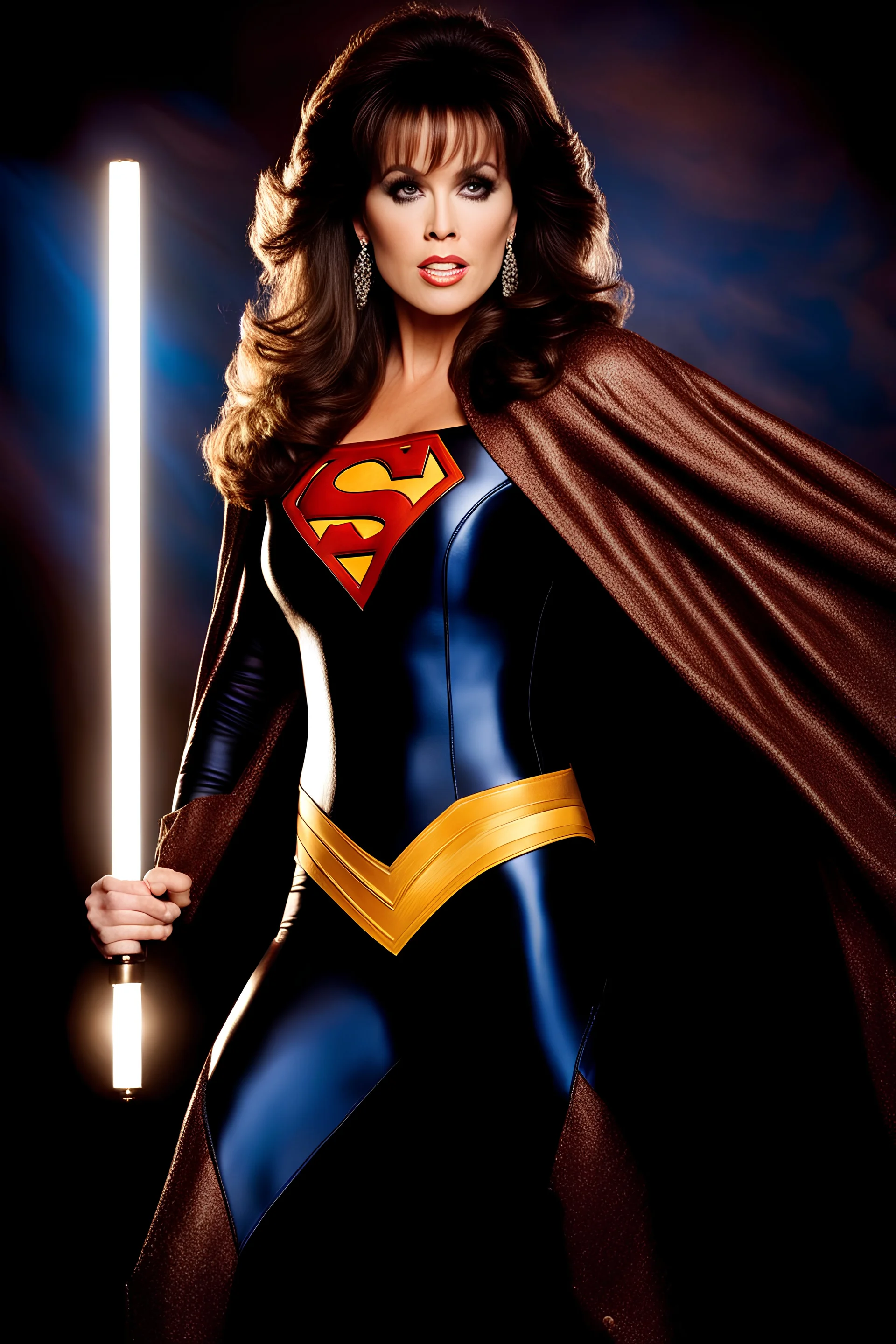 dark brown wood panel background with an overhead spotlight effect, Marie Osmond wearing a superhero costume, full color -- Absolute Reality v6, Absolute reality, Realism Engine XL - v1