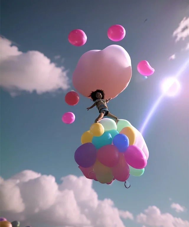 Ultra realistic speed clouds sky scene, wide angle view, sweet childs falling down, inflatable color clothing, free jumping flying, many trinkets, monster head, hair monster, many jelly beans, balls, smile, happy, circus style, extreme, wind, clouds sea, 20,000 feet altitude, stratosphere, soft color, highly detailed, unreal engine 5, ray tracing, RTX, lumen lighting, ultra detail, volumetric lighting, 3d, finely drawn, high definition, high resolution.