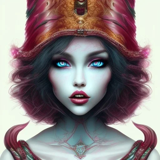 Intimidating beauty, Fire witch, round face, pale skin, wild curly pink hair, red eyes, pink and red eyeshadow, pink glossy lips, wearing a pink witch hat, wearing a red crystal necklace