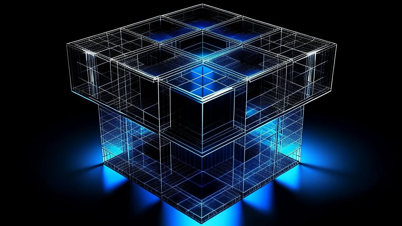 Cube tesseract located strictly in the middle of picture with space around it and with glow in tesseract, but without glow below it, without background or table. For 404 error page.