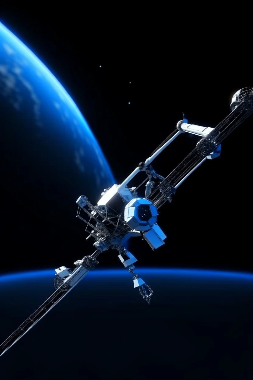 In a sci-fi starry sky background, a slender space flexible robotic arm is located on the satellite in the frame.The images have high resolution