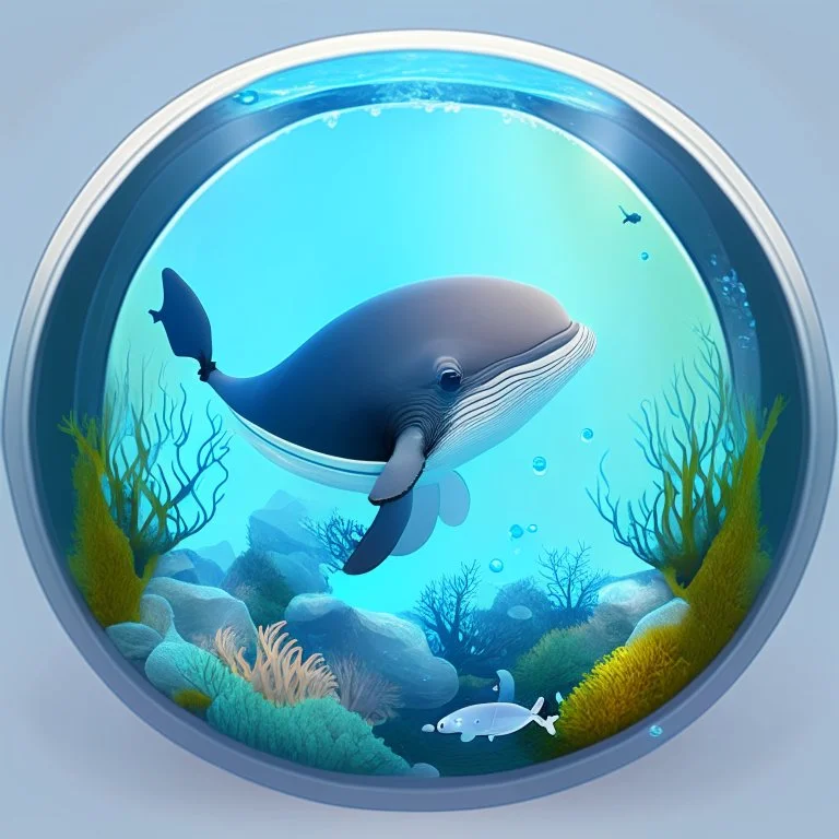 A cute little Humpback whale in a small circular fish tank.