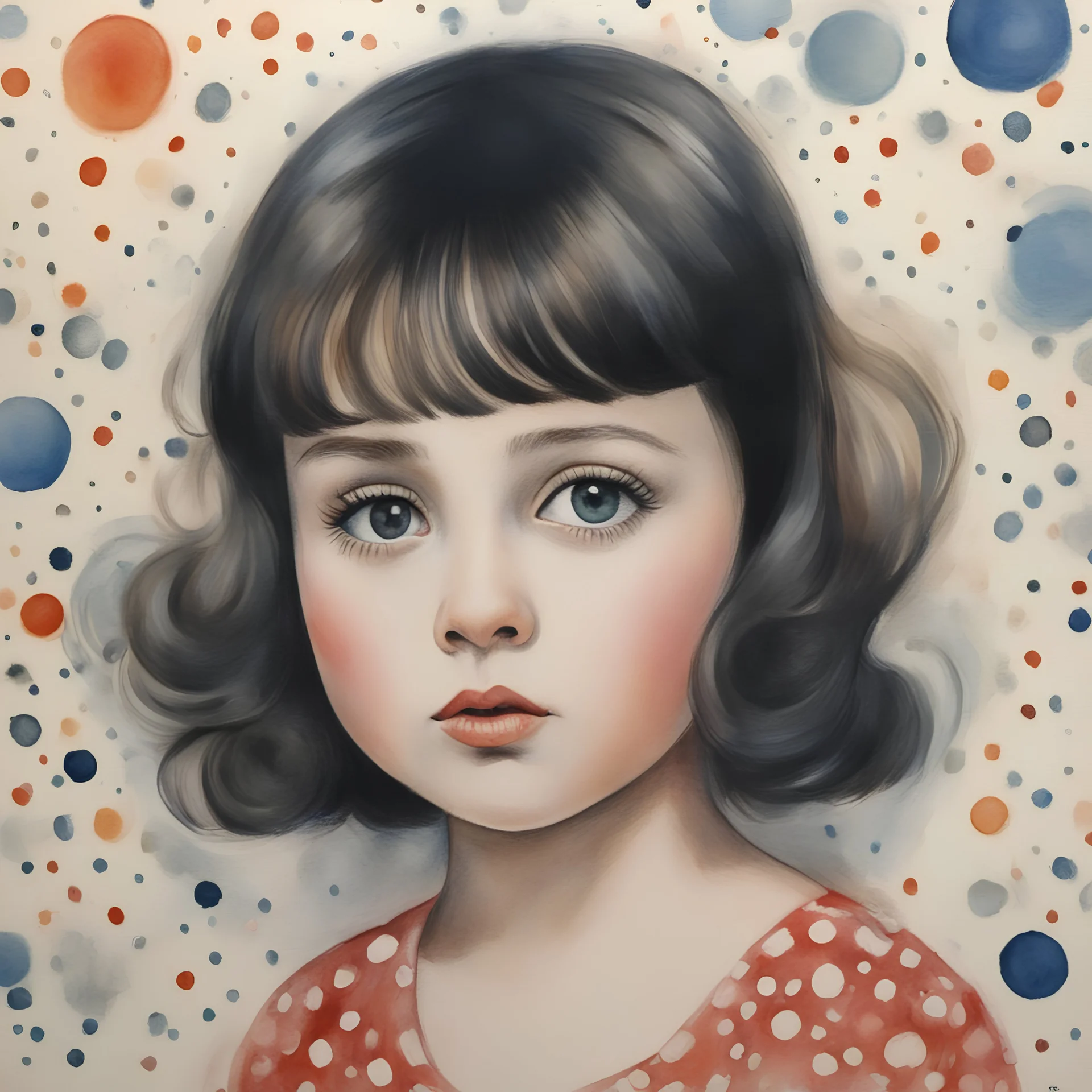 1960s, monica bellucci , little girl,in the style of Margaret Keane, watercolor dots in the background