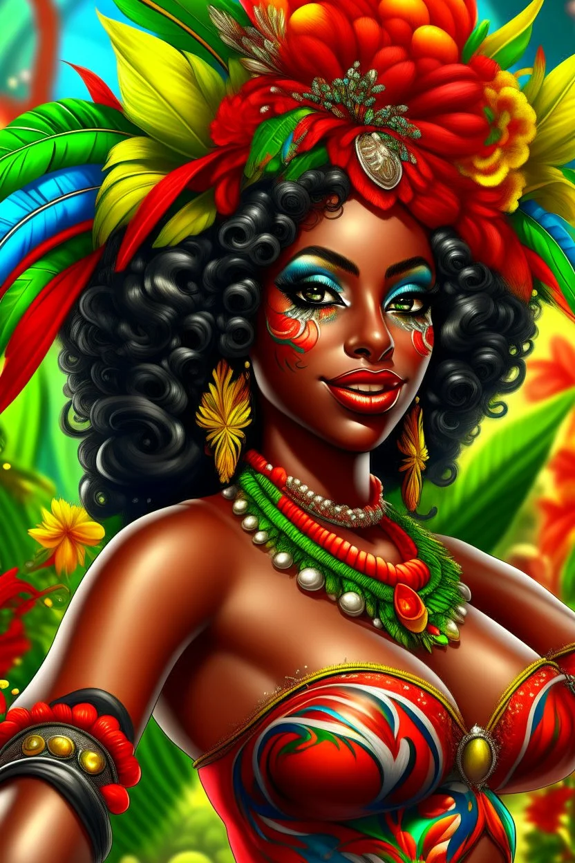 Create a digital airbrush cartoon of a curvy African American female wearing Brazilian carnaval outfit outfit that's red, black and green. Prominent make up with hazel eyes. Highly detailed very long extremely curly black hair. Her skin is smooth and silky. Background of a judge full of colorful flowers