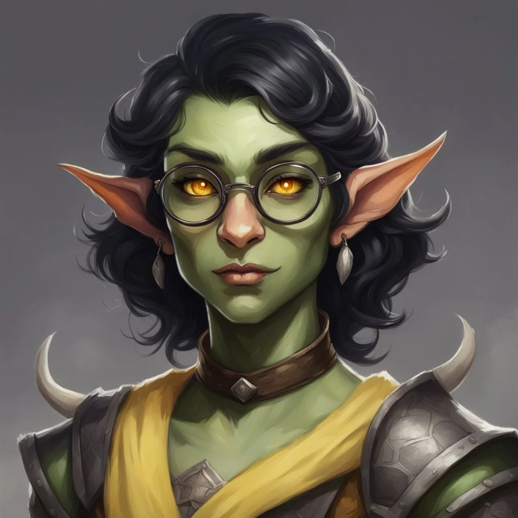 dnd, portrait of cute orc-elf hybrid femboy, black hair, short hair curled hair, hair covering one eye, round glasses, tusks, sharp teeth, yellow eyes, flat chest, mage