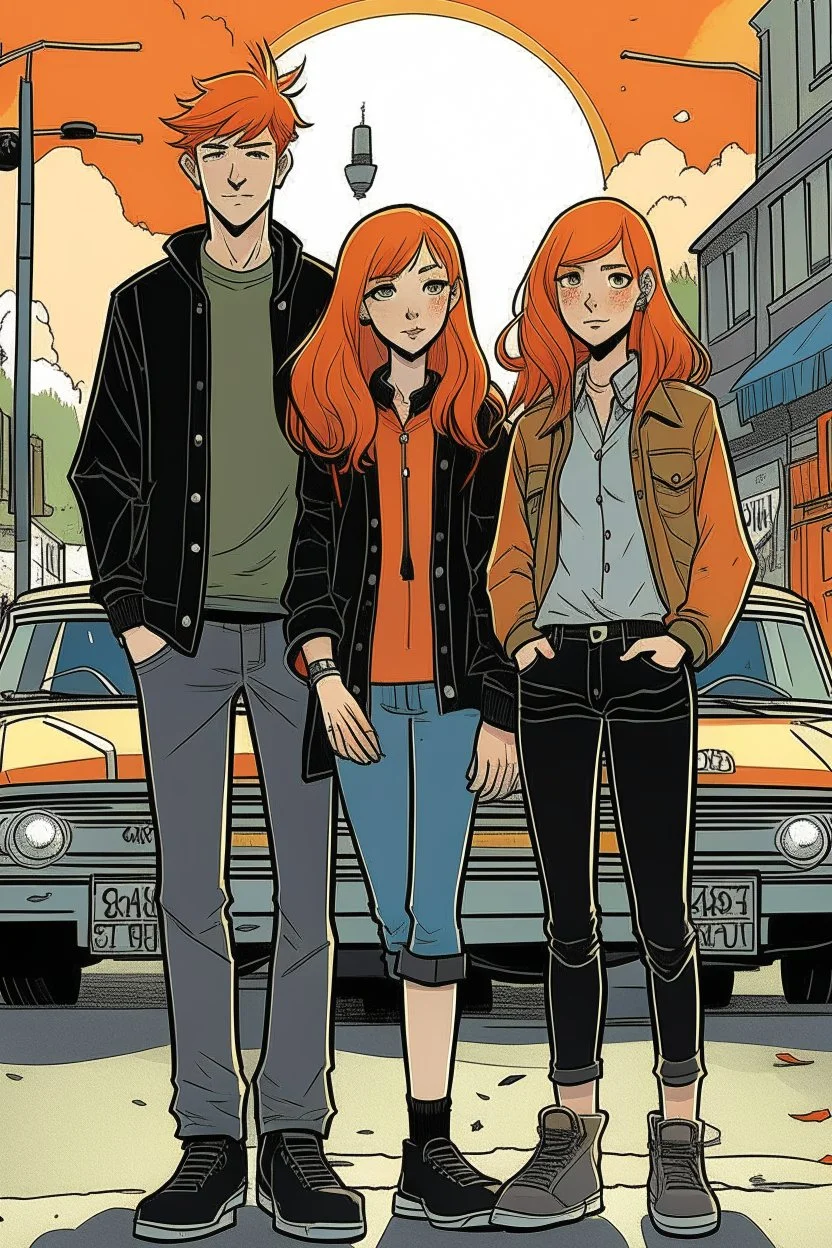 three people, two teenage brothers with ginger hair plus a teenage punk girl with dark hair, are standing in characteristic book cover-style poses. Three black cats walk with them. They are young amateur detectives. The town street with a white van in the background, a mysterious atmosphere