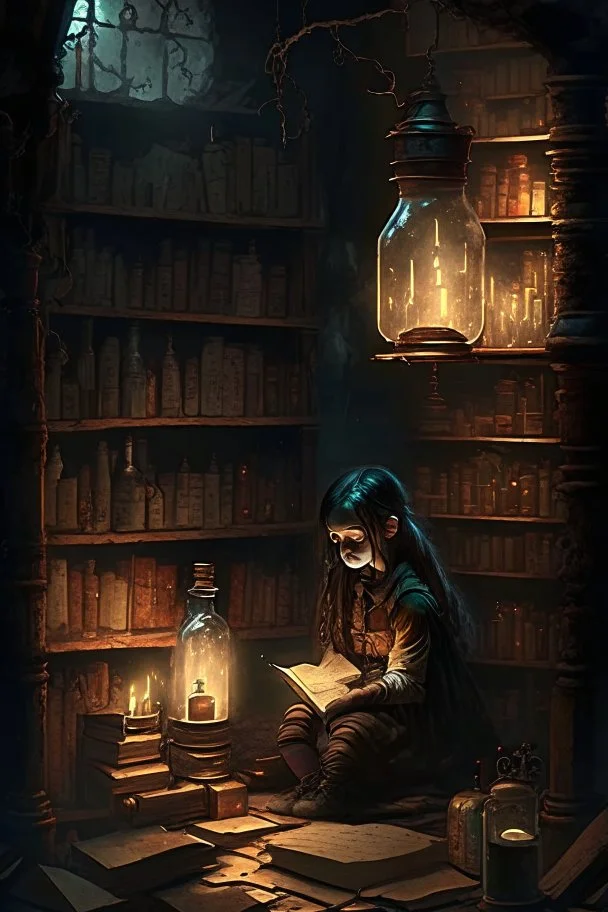 A dark dungeon, with a shelf with vintage bottles, and a young girl sitting on the floor, next to a lantern, studying old books