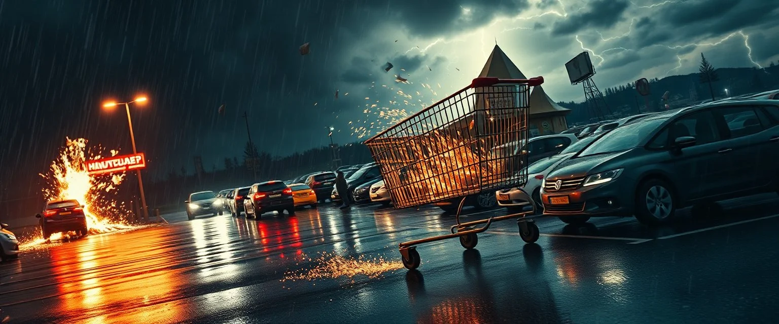 A hyper-realistic Norwegian disaster movie poster for a fictional blockbuster titled "HANDLEVOGNA". A dark, rain-soaked supermarket parking lot at night. A single abandoned shopping cart rolls downhill toward the camera at impossible speed, sparks flying from its wheels. Cars crash while trying to avoid it, shopping bags explode into the air, people run in panic. Dramatic storm clouds, lightning, cinematic lighting, intense atmosphere, ultra-detailed, gritty realism, Hollywood disaster movie sty