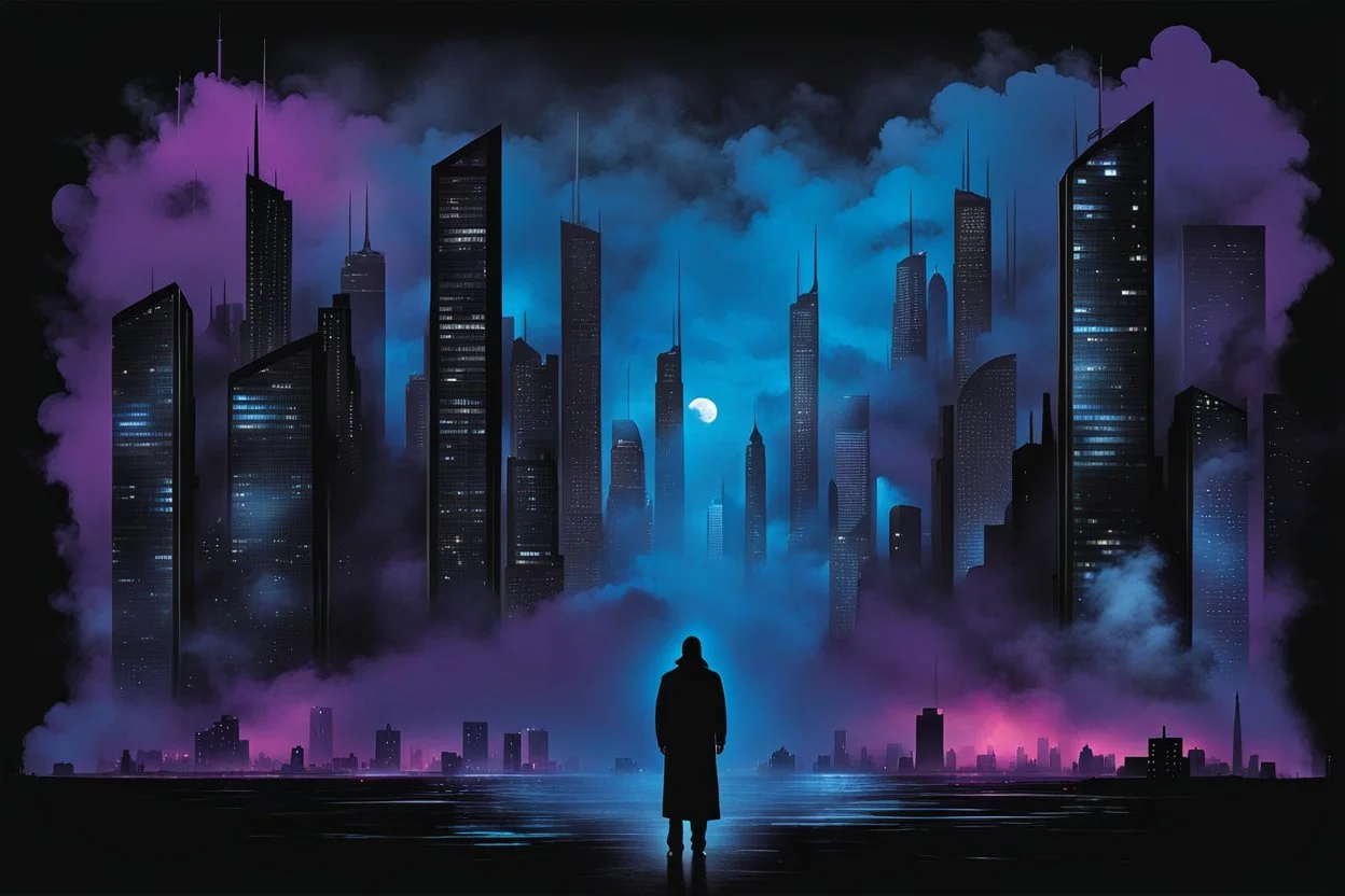 A vibrant blue energy betwen the houses, a deep black, purple sky. the essence of the energetic and captivating , in nightly scene in the higtech cyber city where a human siluette standing in fog, looking to the city. On towers codes languages. surrealism and minimalism, abstract symbols, splash art, black drawing with ink, blurring effect