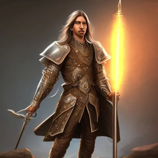 D&D character, male, long black hair, dark tan skin, artificer, holding gun, light armor, chain armor