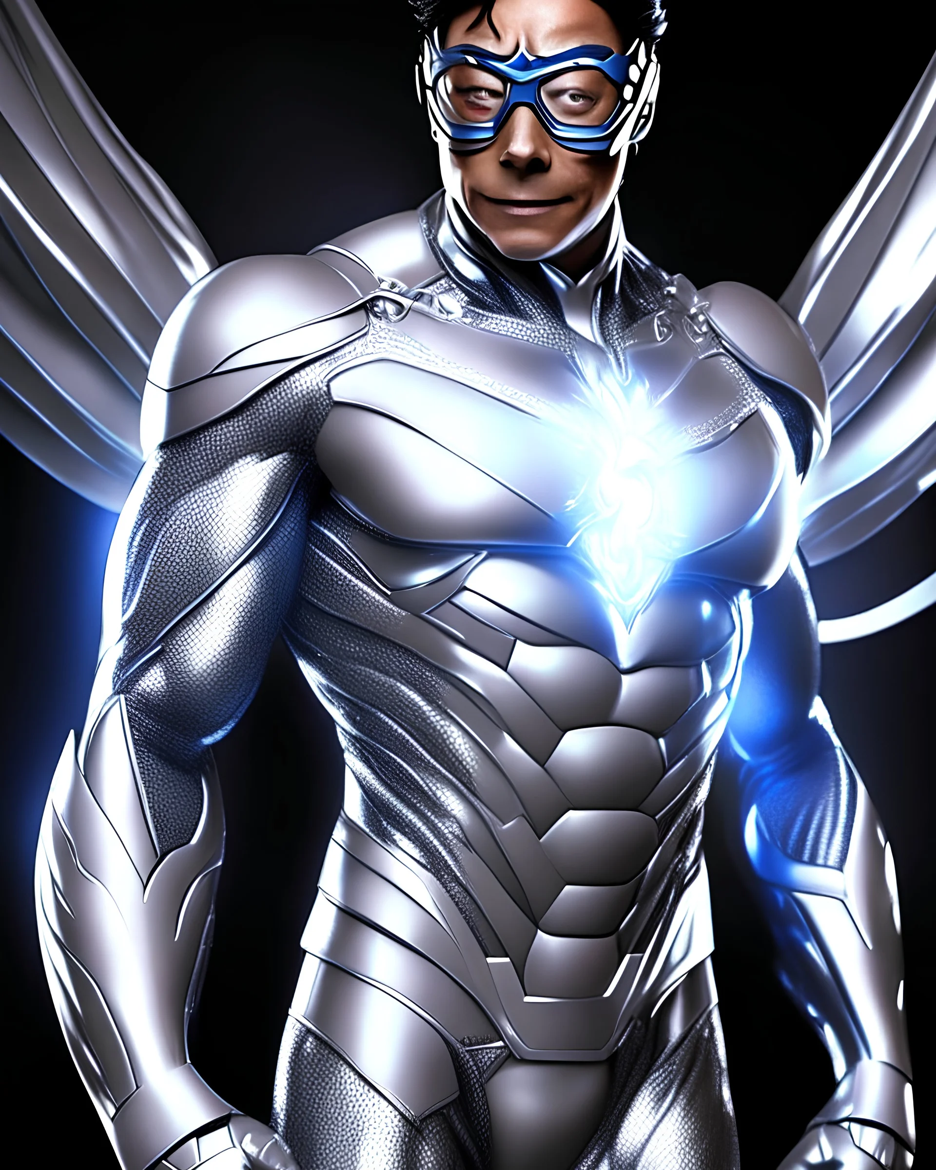 Gustavo Petro full body anthropomorphic 2d in superhero suit silver hyper-detailed