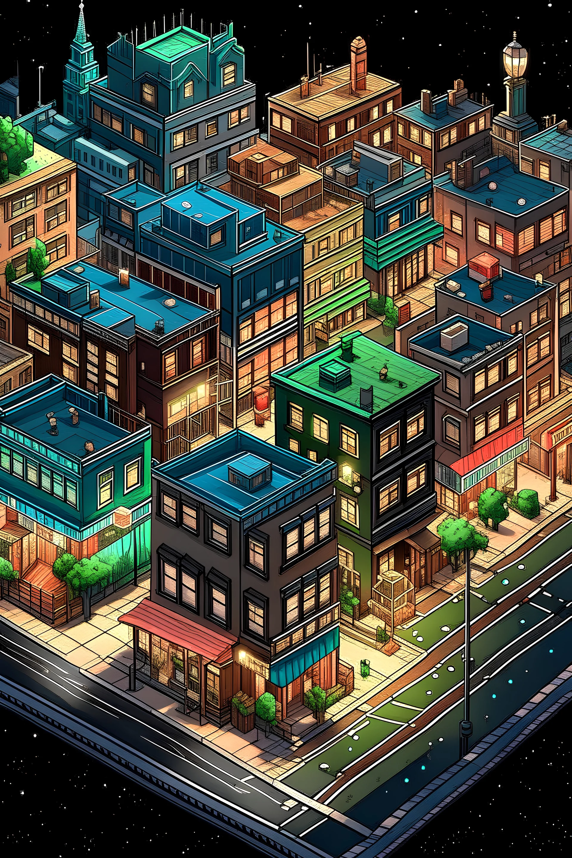 isometric painting of night time Little Italy in New York with multiple rooftops and many street lights