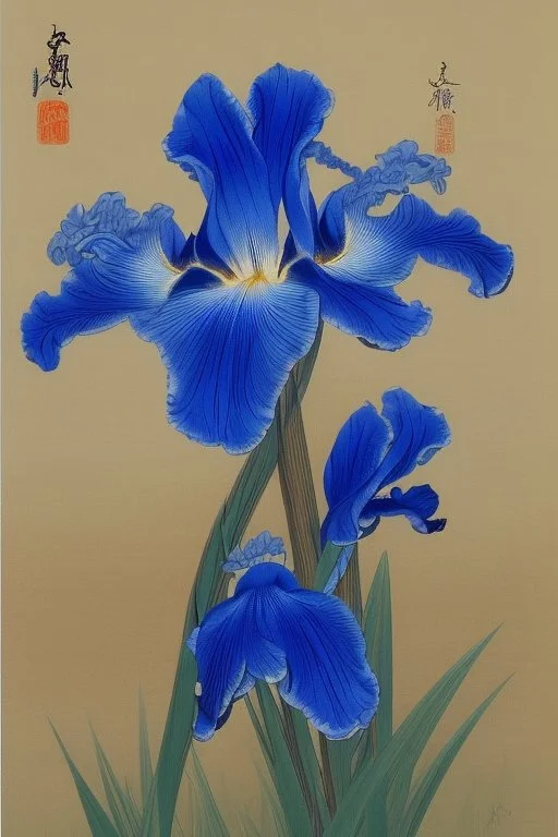 a Japanese painting of a blue iris by artist "Hiroshi Kobayashi"