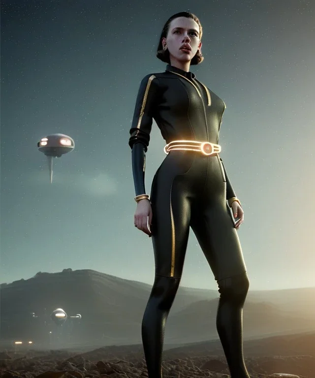 retro sci-fi portrait image from 1960, supermarket parking explosion, young Scarlett Johansson, classic black tight lycra latex suit, gold bracelet and belt, soft color, highly detailed, unreal engine 5, ray tracing, RTX, lumen lighting, ultra detail, volumetric lighting, 3d, finely drawn, high definition, high resolution.