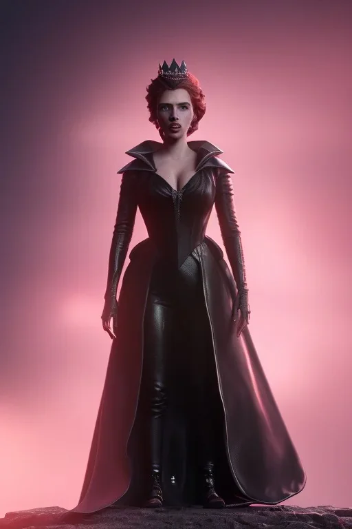 Scarlett Johansson as evil queen in black leather gown, cleavage, angry, stern look unreal 5, octane render,cinema4d, dynamic lighting, dramatic lighting, 4k, redshift render, highly detailed, hyper realistic