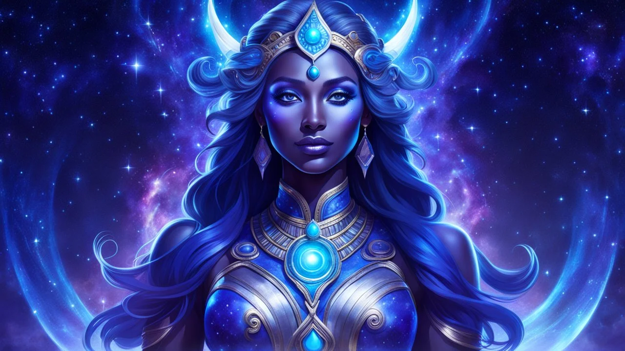 Full body portrait of a peaceful smiling guardian Goddess of the galaxies with a blue indigo purple skin, high skul, luminous eyes