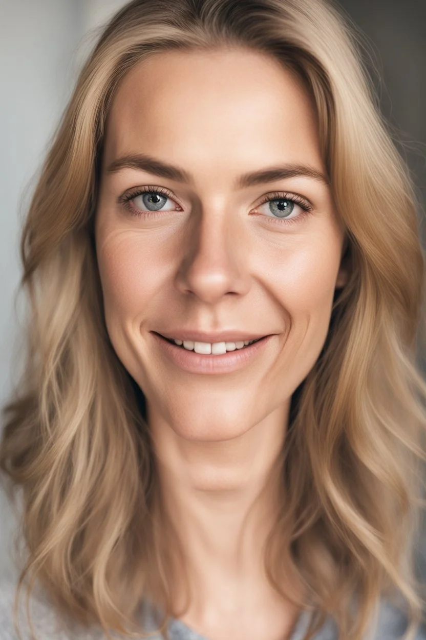 A selfie of a woman, middle blond hair, showing a 39-year-old European woman. She has brown hair, face without makeup, cute nose, detailed full lips, skin texture. Natural lighting and low contrast. Face framed.