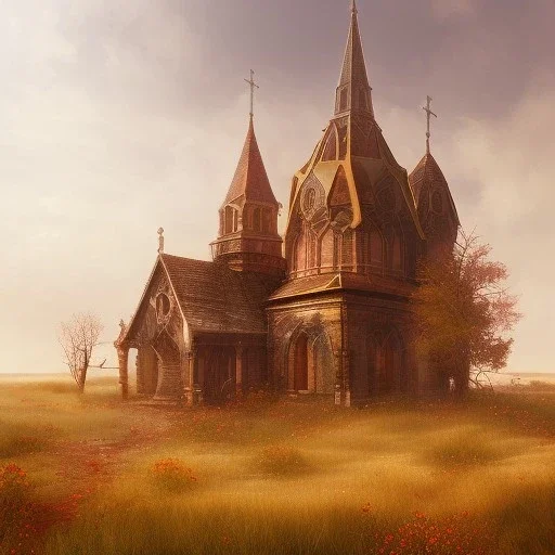 church half burried in red sand, deadpan, fantasy art, sharp sunlight, spring