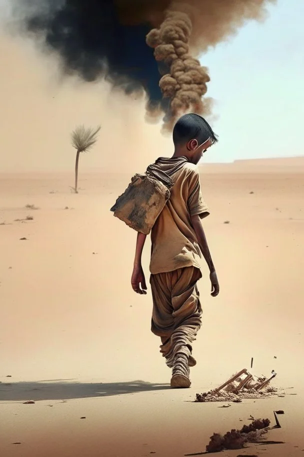 A 25-year-old wounded boy is walking in the desert with his head down, smoking a cigarette, and the scene of destruction is happening behind him