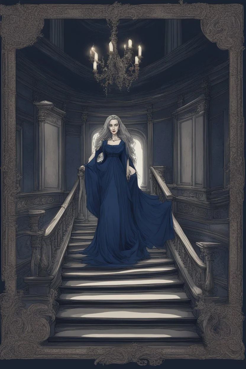 The Countess is a ghost, she has a long, flowing dark blue dress. she goes down the stairs. Hanging in the castle room, there is a tapestry composed of the preserved faces of the Countess' ancient victims.