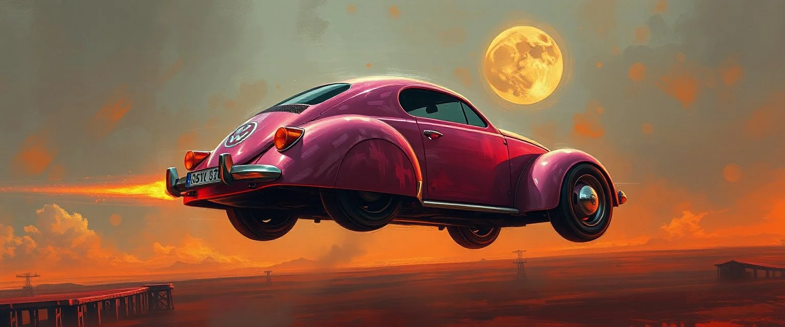 a high definition screen shot of a jet-fighter vw-beetle, retrofuturistic, phototrealism, Macabre Rapture End of days Revelation scene, loose brush stroke matte oil painting, sinner apotheosis,diagonal composition, unbalanced, abstract surreal horror, eerie, scary warm colors, Eldritch, by Colin McCahon Upscale @JonKnockTurnal A photorealistic futuristic pink cadillac 2999 ufo, bilaterally