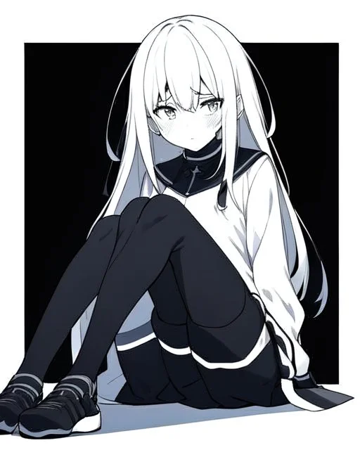 emotionless, numb, black and white, anime girl sitting with black background