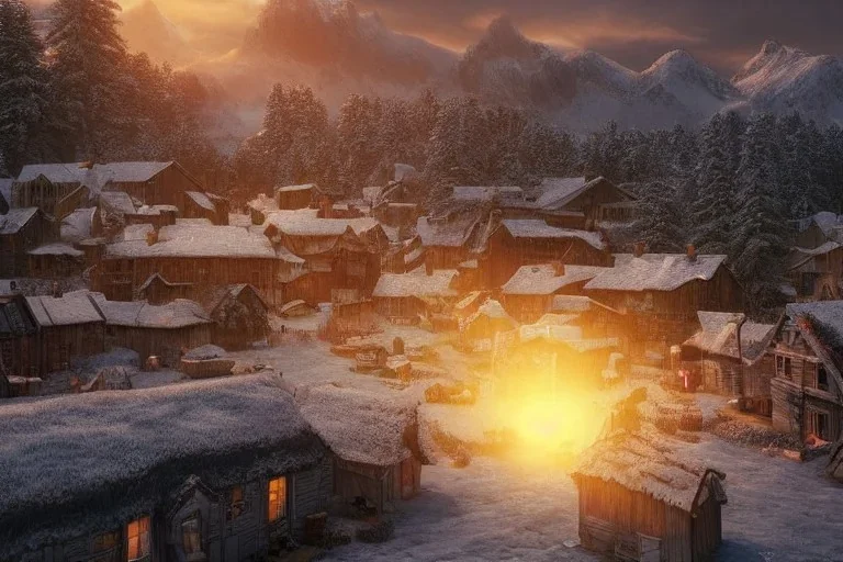 highly detailed small village scene, sunset, illustration, background snowy mountains, cinematic lighting, 4k, 8k, octane render, digital concept art, trending on artstation, pinterest, extremely detailed, ambient lighting.