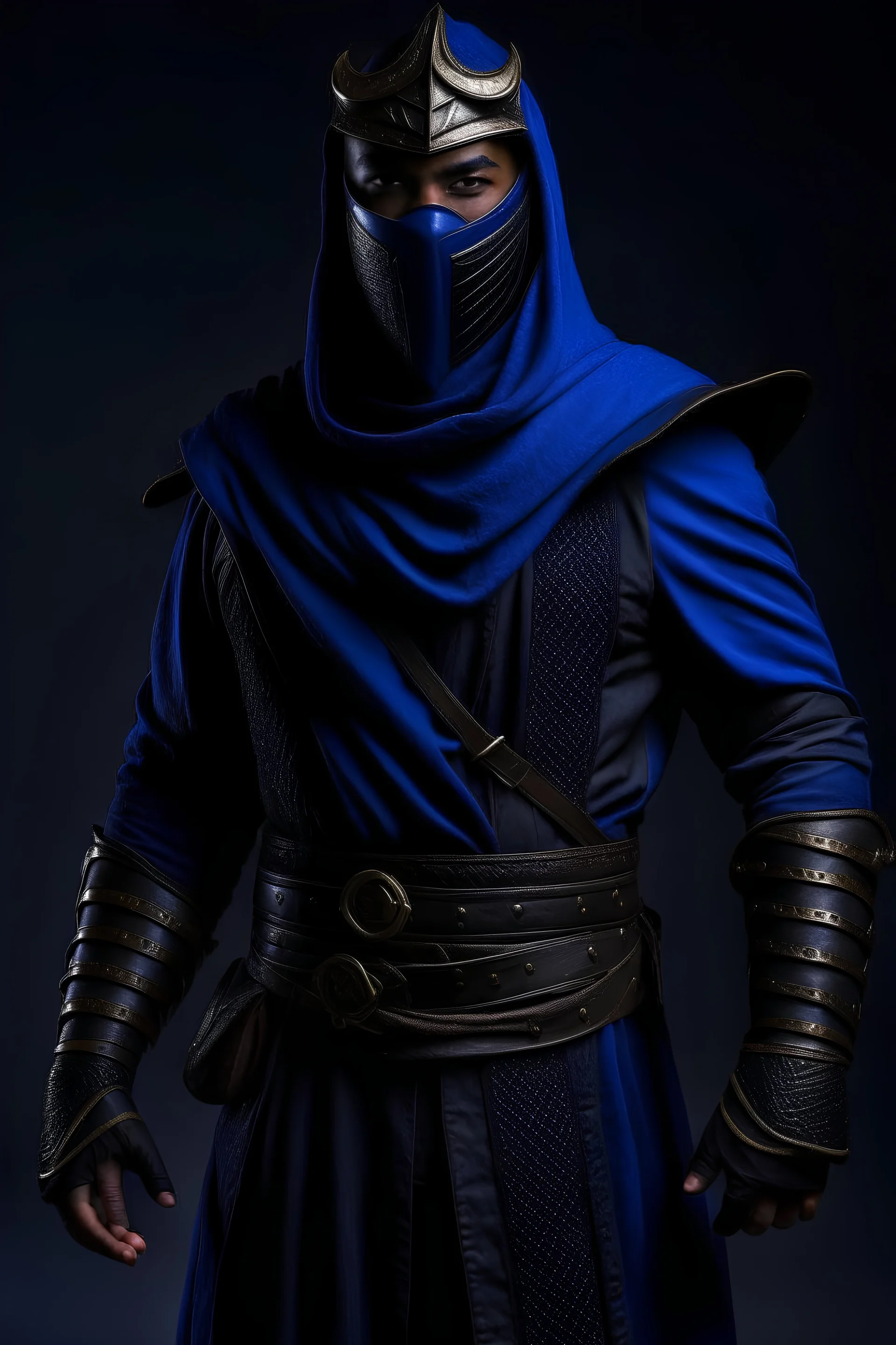 UDH, Masterpiece, Professional Photograph of 36 years old shadar-kai, warlock, dark blue and black outfit, black mask over mouth, black cowl, short sword, full body,