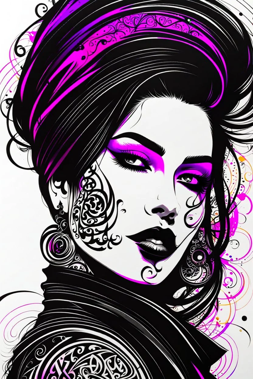 an abstract calligraphic portrait of a goth punk girl , finely drawn and inked, 4k, hyper detailed and vibrantly colored in classic Arabic calligraphy