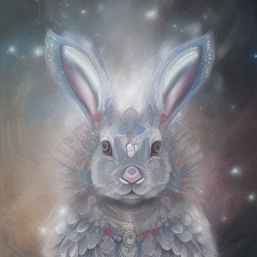 white platinum rabbit with blue third aye and butterfly wings, aboriginal, dot painting, indiginous, dot, mud, dream-time, abstract, dots, natural pigment, extremely sharp detail, finely tuned detail, ultra high definition, 8 k, unreal engine 5, ultra sharp focus, art germ and Paul Lewin and Kehinde Wiley