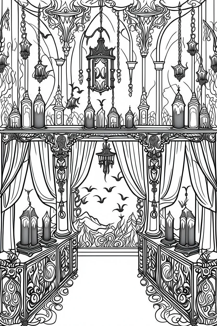 A vampire's lair with coffins, candles, and bats hanging from the ceiling.. Outline, sketch style, only use outline, mandala style, clean line art, white background, no shadows, no clear wall, coloring page.