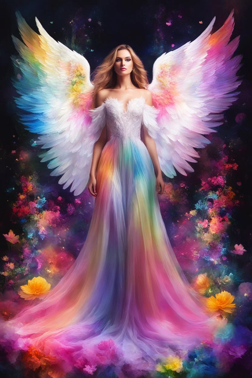 Gorgeous Photography Beautiful Woman as Angel with clothing abstracts flowers gown dressing painting art neons rainbow colors glowing in the dark and colorful details, light leaks boleh colors,flowers background