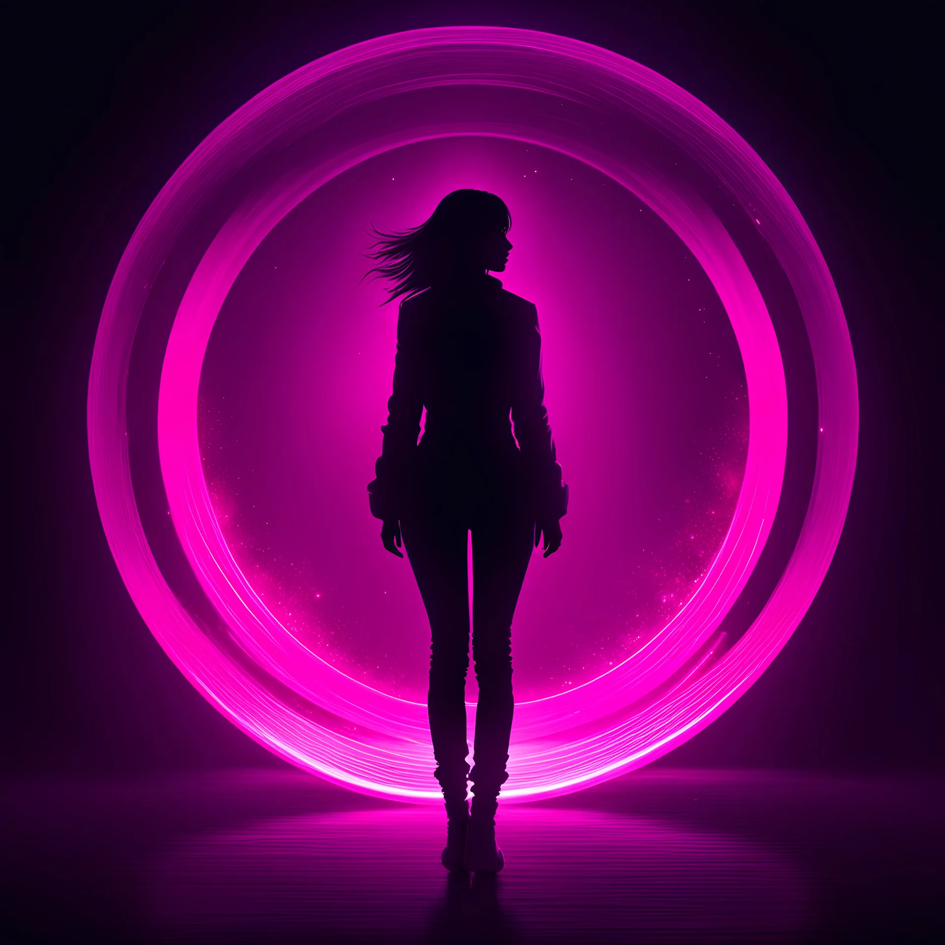 (silhouette:1.25),1 woman,dark background,blacklight,mid shot,full body,somber expression,looking down,dark energy,vibrant magenta,portal to another world,flat color,flat shading,ultra realistic,highres,superb,8k wallpaper,extremely detailed,intricate,limited palette,pink,