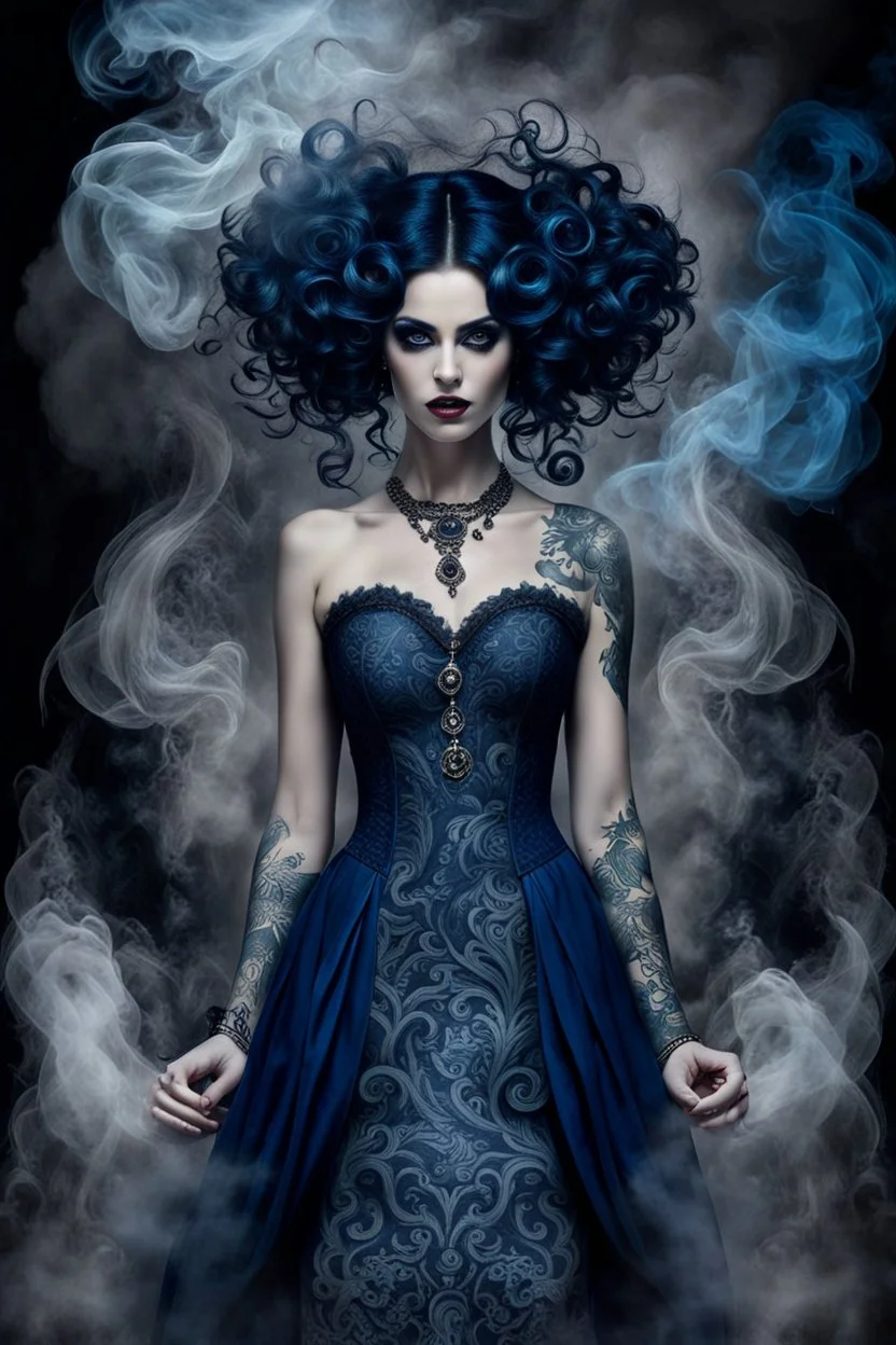 A mystic demonic woman with pale skin, big black eyes, dark blue hair, in a dress from smoke and grey lacy, wearing ancient tattos on her body, unique crepy person , Her captivating gaze, dark mystic background with a smoke man, Surreal scene with big smoke twist and curls that blur the line between reality and illusion, high detailed, sharp focus, masterpiece