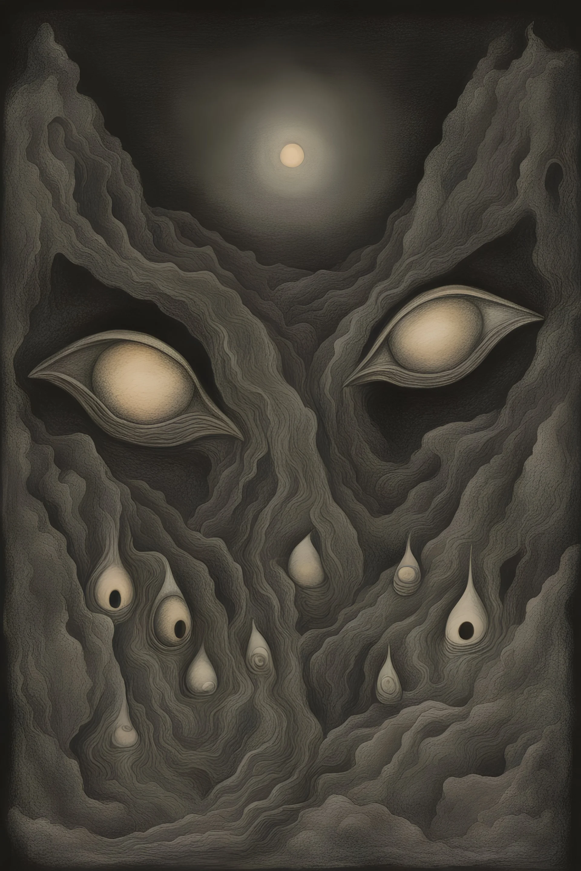 Liminal Dreamscape nightmare about disembodied alien eyes illuminating the darkness; Primitive Art; Ink Wash; Black With Iridescent Pastels