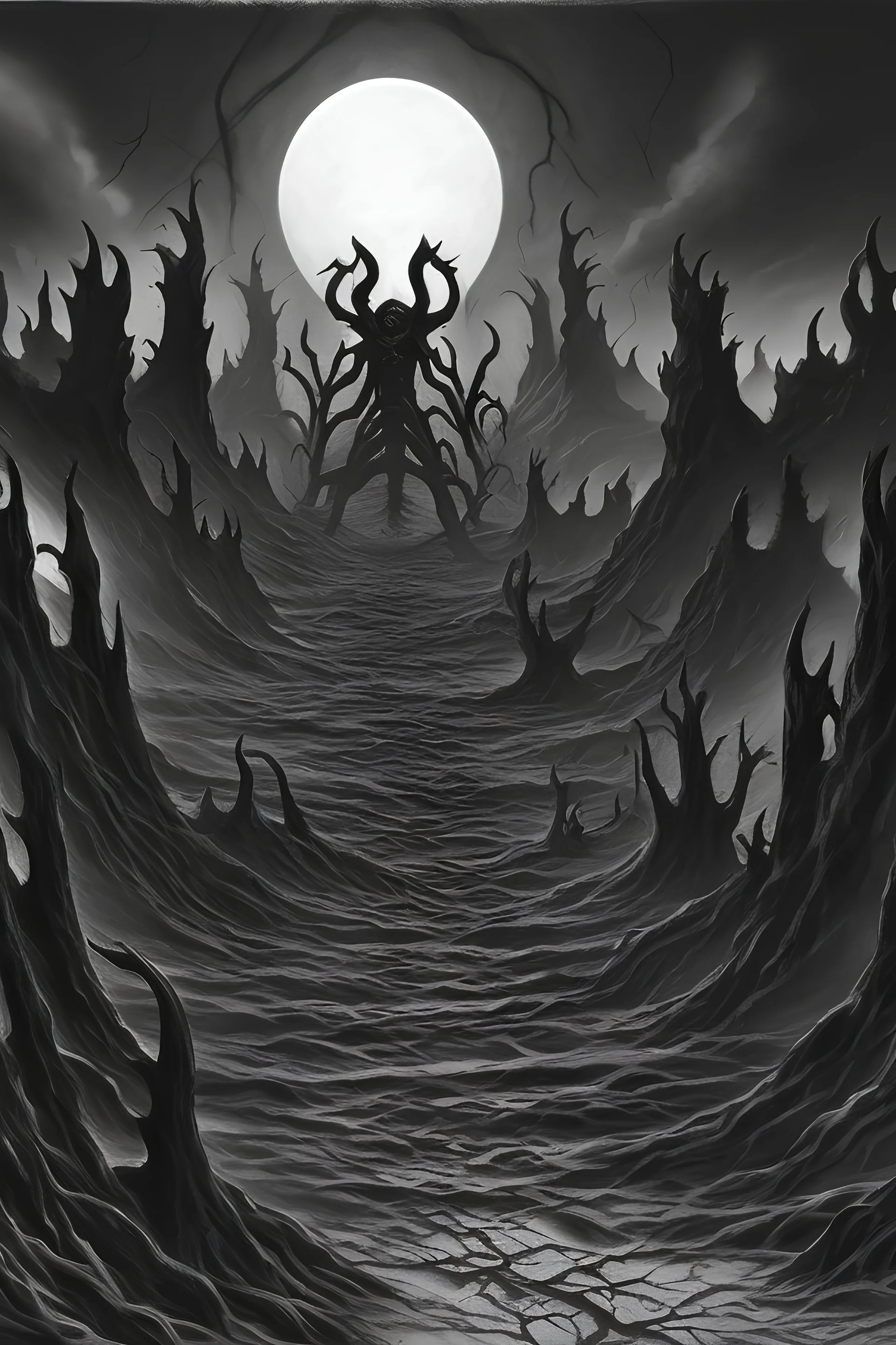 nightmare hell scape, black and white