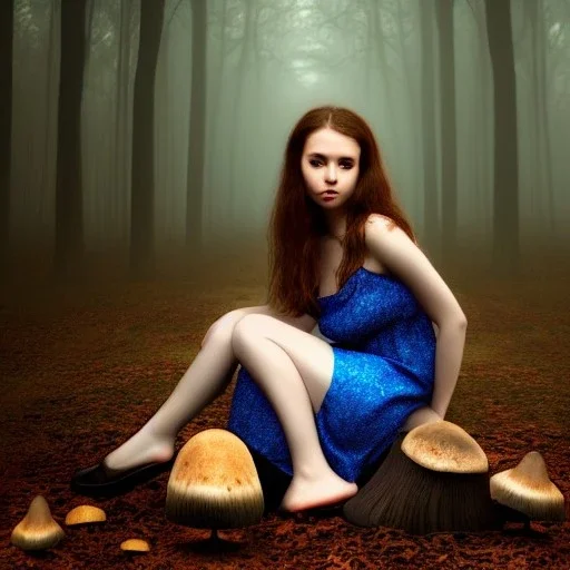 sourceress girl, beautiful, cute, seated on a mushroom, in a dark forest, with mist, blue intricate dress, high definition, cinematic, rendering