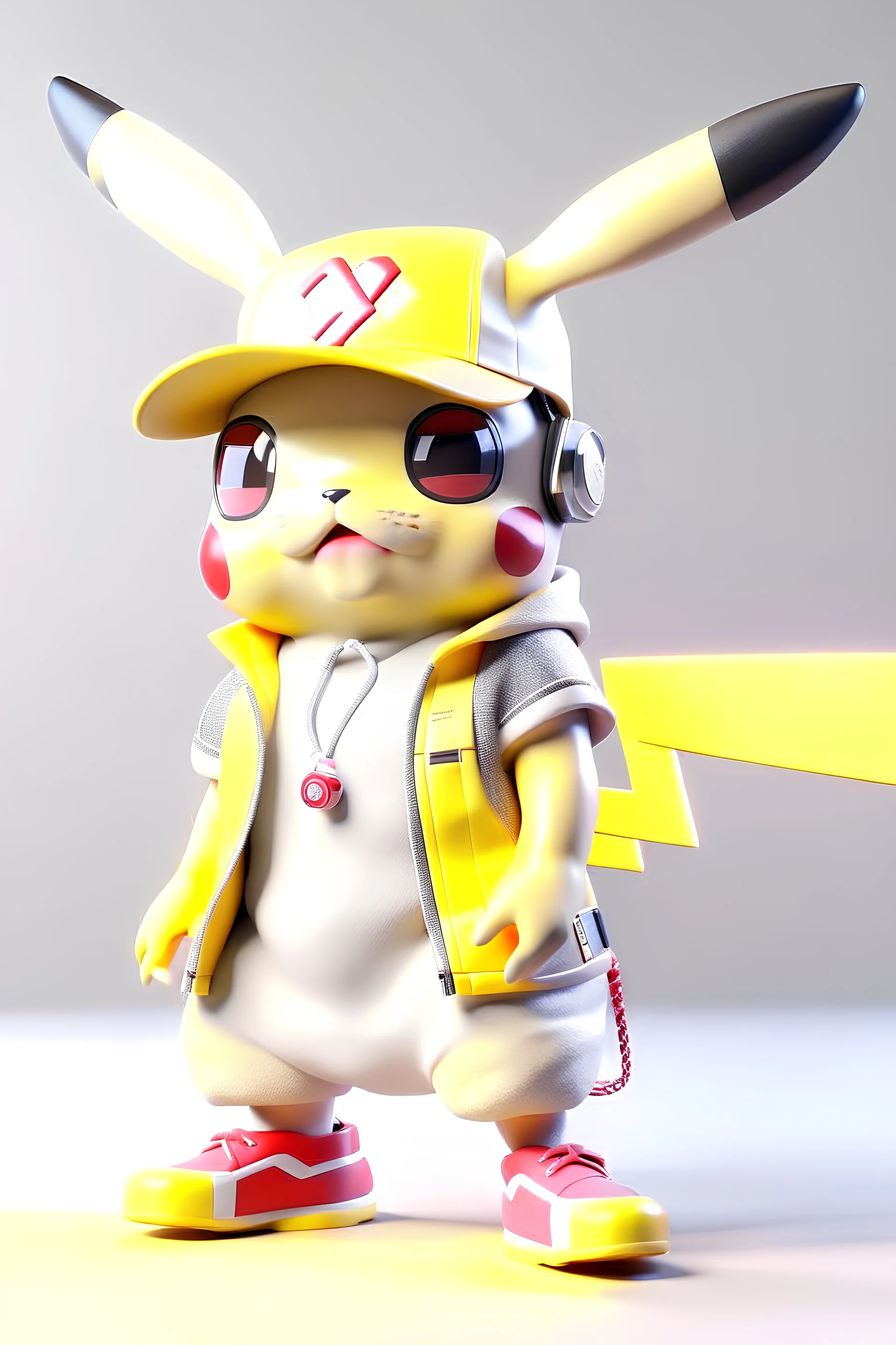 Pikachu dressed in futuristic sportswear clothes, big sneakers and a futuristic glasses