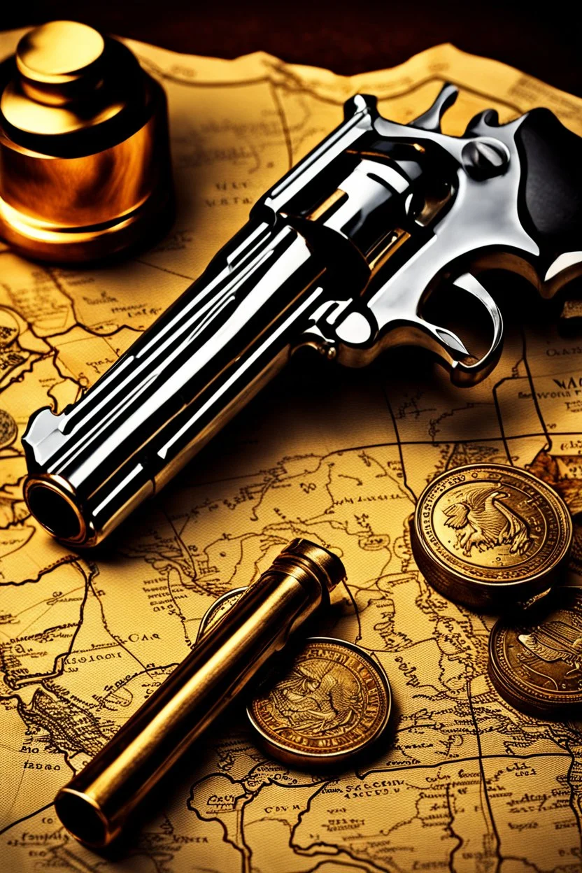 Ultra hyper photo realistic wild west pistol on old map with magnifying class and gold coins, highly detailed